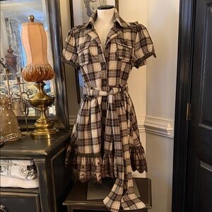 Plaid Short-Sleeve Belted Mini Dress in Brown and Cream